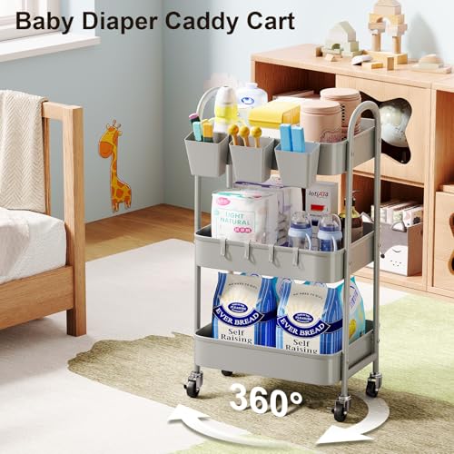 3 Tier Gray Metal Rolling Cart, Mesh Storage Cart with Handle and Lockable Wheels, Multifunctional Three Tiered Utility Organizer Carts for Kitchen, Office, Bathroom, Craft, Art, Snack, Baby Supplies - color: Calm Gray, size: 3 tier