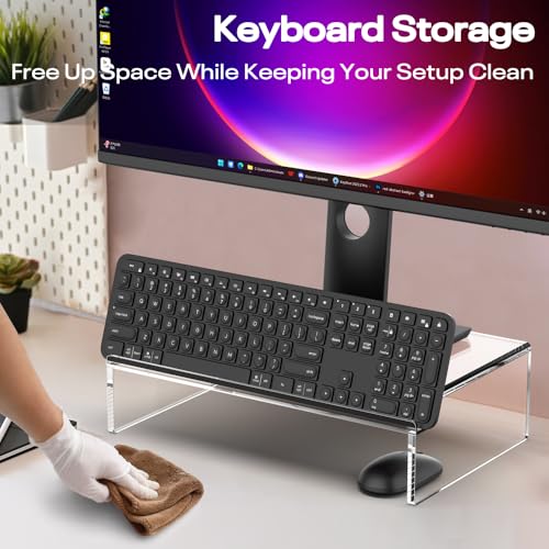 Crpich Clear Acrylic Monitor Stand Riser with Slot for Desk Accessories Organizer, Ergonomic Desktop Organizer for Computer, Laptop, Screen – Sleek & Durable Design for Office or Home