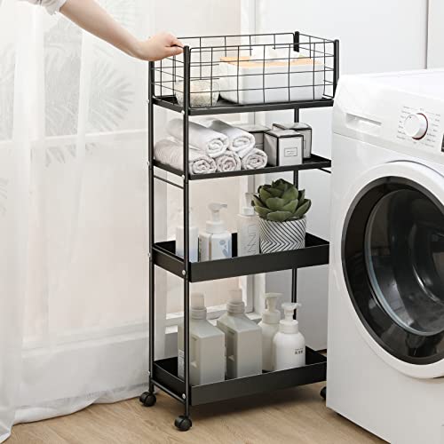 KINGRACK Slim Rolling Storage Cart 4 Tier - Heavy Duty Metal Utility Cart with Raised Edge & Wheels, Narrow Mobile Organizer Shelves for Bathroom, Kitchen, Laundry, Office, Living Room, Black - color: Black, size: 4-Tier