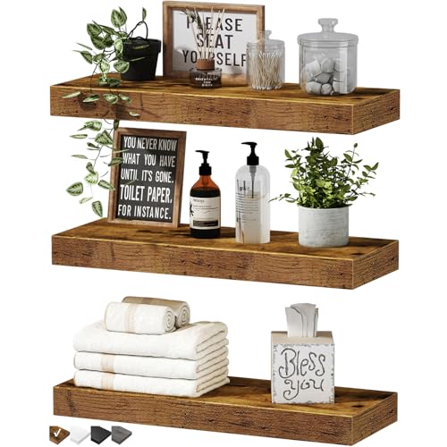 QEEIG Floating Shelves for Wall Bathroom Shelf Bedroom Kitchen Living Room Hanging Book Shelves Small Farmhouse Decor 16 inch Set of 3, Rustic Brown (015-BN3) - color: A. Brown, size: 3pcs