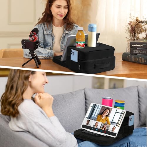 TabCouchCaddy - Couch Cup Holder Tray Pillow - Bed, Couch Caddy, Sofa, RV & Car - Holds Drinks, Snacks, Remotes, Phones, Kindle, Tablet | Bed Cup Holder (Black) - color: Black