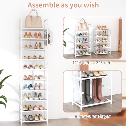 LANTEFUL 10 Tiers Tall Shoe Rack 20-25 Pairs Boots Organizer Storage Sturdy Narrow Shoe Shelf for Entryway, Closets with Hooks, White - color: White, size: 10 Tier-68" High-17" Wide