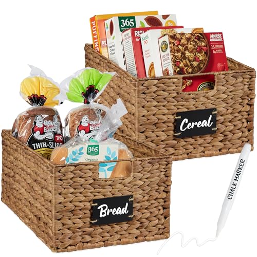 Best Choice Products Pantry Baskets Set of 2 16x12in Water Hyacinth Storage Baskets, Woven Wicker Kitchen Organizers with handles w/Chalkboard Label Chalk Marker - Chestnut - color: Chestnut, size: 12x16x8in