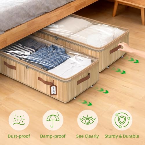 Livole Bamboo Under Bed Storage with Wheels, 6 inches Underbed Storage Containers, 56L XXL Rolling Under Bed Storage Bins with Clear Lid & Label for Clothes, Blankets, Sweater, Shoes, 1 Pack - size: Standard - 6"H - Wheels