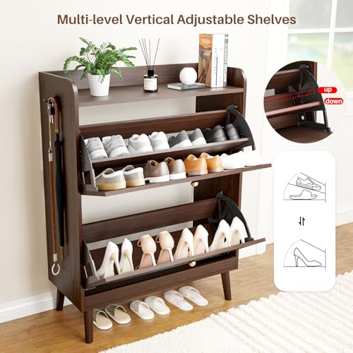 Shoe Storage Cabinet with 2 Flip Drawers, Entryway Shoe Cabinet with 2 Metal Hooks & Adjustable Shelves Freestanding Shoe Organizer Narrow Shoe Rack for Entrance Hallway Foyer Front Door,Rustic Brown - color: Rustic Brown