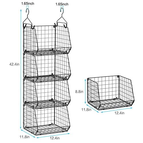 4 Tier Closet Hanging Organizer, Closet Organizers and Storage with 5 S Hooks, Closet Hanging Shelves & Freestanding Wire Storage Basket Bins, for Clothing Shoes Handbags Clutches Accessories Patent - color: Black