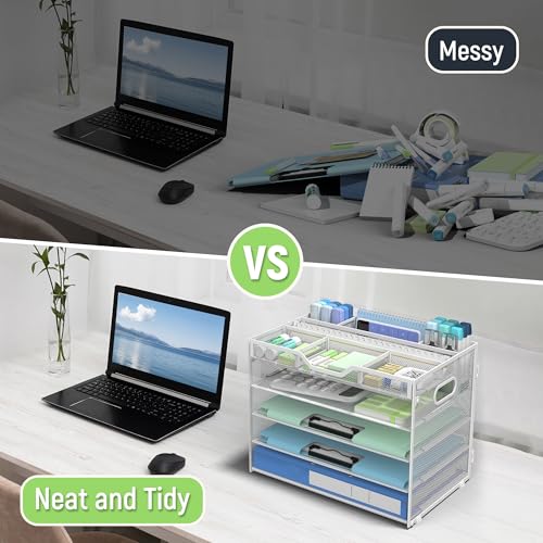 Docnest 5 Tier Mesh Desk Organizer- Letter Tray with Adjustable Compartments, Mesh Desktop Storage Built in Pen Holder and Handles, Desk Organizer Tray for Mail Documents Office Supplies–White - color: White