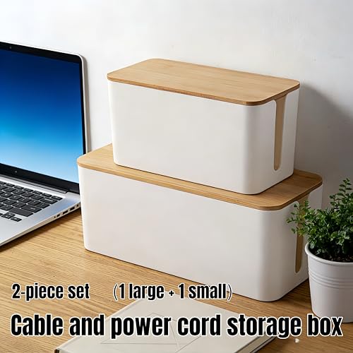 1 Large + 1 Small Cable Management Box Set – 2-Piece Cord Organizer Box, Home Office Desk Wire Storage & Cable Management Solution (Bamboo Lid/White) - color: Bamboo Lid/White