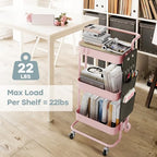 DTK 3-Tier Metal Utility Rolling Cart with Table Top and Side Bags, Art Craft Cart with 4 Hooks for Kitchen, Bathroom, Office, Living Room (Pink) - color: Pink, size: Large