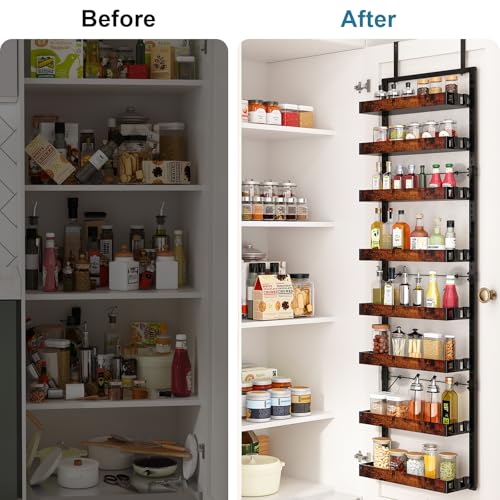 BUKFEN 8-Tier Over the Door Pantry Organizer, 2-in-1 Door Hanging or Wall Mounted Spice Rack, Heavy Duty Metal Storage Shelves with Adjustable Wooden Baskets for Kitchen Bathroom Closet - color: Black pole wood color, size: 8 Tier