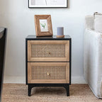 COZAYH Set of 2 Fully-Assembled 2-Drawer Woven Cane Front Accent Nightstand with Brass Knobs, Black - color: Black, style: 2 Drawer/2 pack