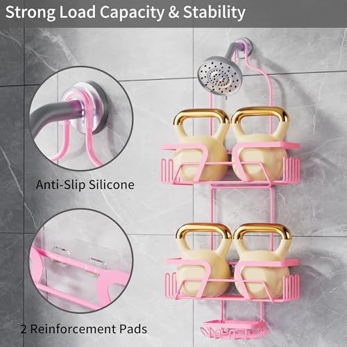 DAOYA Shower Caddy Hanging, Pink Over the Shower Head Caddy with Soap Holder, Bathroom Organizer with Hooks for Razors and Bath Sponges - color: Pink