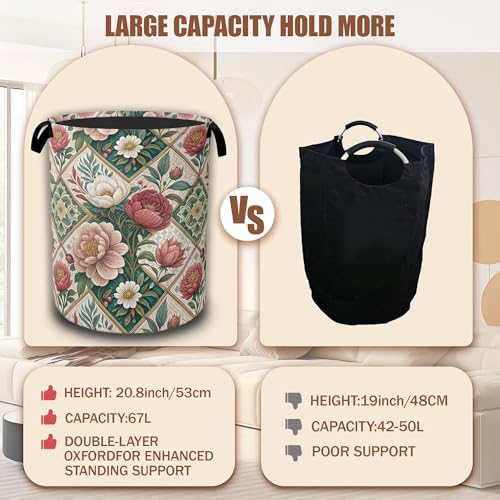 Elegant Floral Laundry Basket,Waterproof Foldable Vintage Peonies Roses Laundry Hamper,Dirty Clothes Basket, Linen Bin Storage Organizer Collection 16" x 20.8" - color: Elegant Floral,Vintage Peonies Roses