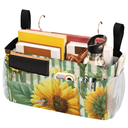 Bedside Caddy Metal Frame Hanging Organizer Bunk Bed Dorm Accessories Hook And Loop Storage Bag Large Pockets Green Striped Sunflowers and Bees - color: Green Striped Sunflowers and Bees