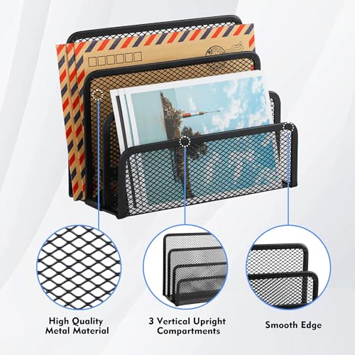 EASEPRES Desk Mail Organizer, Office Small Desktop Metal Mesh Envelope Letter Sorter Paper File Holder Organizer with 3 Vertical Upright Compartments, Black 1 Pack - color: Black, size: 1 Pack