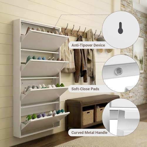 Shoe Cabinet with 4 Flip Drawers, Slim Metal Wall-Mounted Shoe Storage Organizer for Entryway, Hallway, Mudroom, Hidden Narrow Rack, White - style: 4 Flip Drawers
