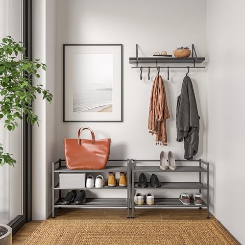 Seville Classics Sturdy Freestanding Storage Shelf for Bedroom, Closet, Entryway, Dorm Room Organizer Stackable Durable Metal Shoe Rack Ash Gray Slat, 3-Tier - color: Ash Gray Slat, size: 3-Tier