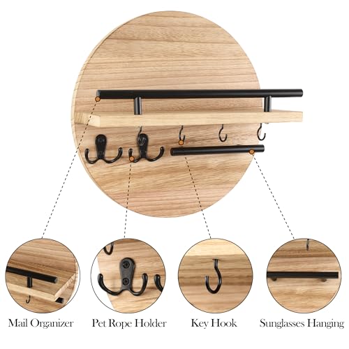 Gurfuy Key Holder for Wall with Shelf - Wood Mail Organizer and Rack with Shelf Hooks Wall Mounted for Entryway Decor Magazines Letter Storage Farmhouse Living Room Bedroom Doorway (Nature) - color: Nature