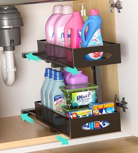 Under Sink Organizer, 1-Pack of 2-Tier Metal Slide Out Pull Out Cabinet Organizer Shelf, Height Adjustable Organization and Storage Series, Bathroom/Desktop/Cabinet/Kitchen organization, Black - color: Black - Single Pack, size: Standard Version