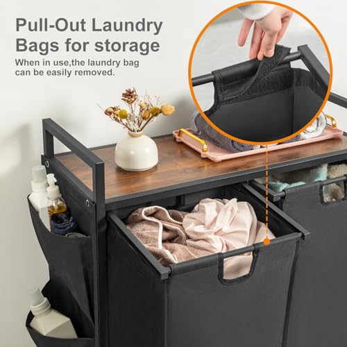 WOWLIVE Double Laundry Hamper with Lid,Rolling Laundry Basket Organizer with Wheels, Iron-Made Laundry Sorter with Top Shelf and 2 Removable Bags,Large Clothes Storage for Room,Black 1 - color: Black, size: 110L (30.0 x 13 x 32 Inches)