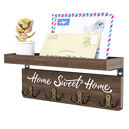 buways Wall-Mounted Key and Mail Holder, Wooden Key Rack with 4 Double Key Hooks, Rustic Home Decor for Entryway - color: Brown