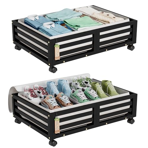 Wisuce Bamboo Under Bed Storage Containers- Underbed Organizer with Wheels with Dust Bag,Sturdy Wood Rolling Under the Bed Shoe Storage Organizer Drawers (Black, 2 Pack (23.62"×16.54")) - color: Black, size: 2 Pack (23.62"×16.54")