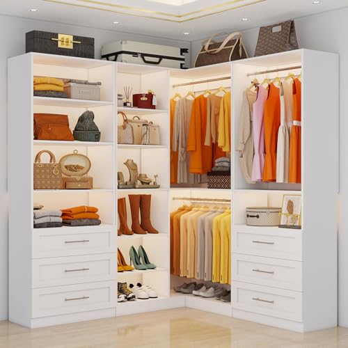 Closet System with 3 Sets, 6.5-16FT Corner Closet Organizer System with 6 Drawers & 11 Shelves & 6 Hanging Rods, Custom L-Shaped Modular Walk-in Closet Organizers and Storage System Corner, White - color: CL8914-White