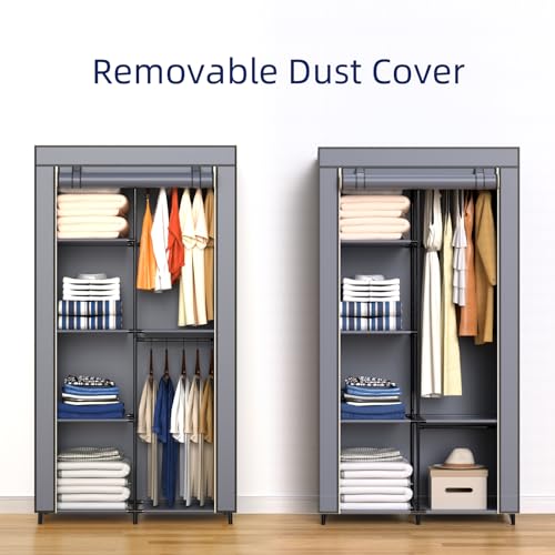 Portable Closet, Wardrobe Closet with 6 Storage Shelves and 2 Hanging Rods, Non-Woven Fabric Cover, 34.6 x 17.7 x 66.1 Inches Closet Organizer for Bedroom, Gray - size: Medium