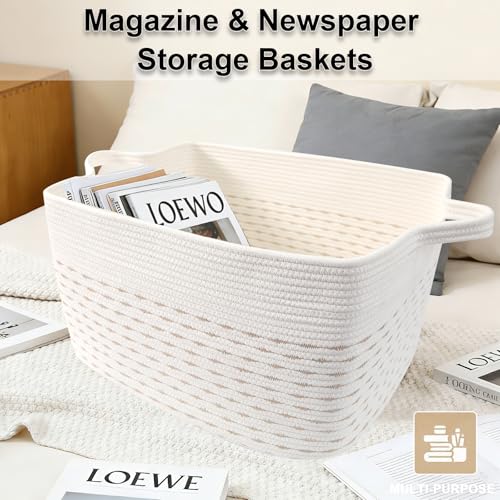 Large Blanket Basket,Woven Rope Basket Storage Bin with Handles,65L Rectangle Laundry Basket for Magazines,Toys,Clothes,Newspaper Shelf Organization,Nursery and Living Room,White&Yellow - color: White & Yellow, size: 21"x16"x12"(65L)