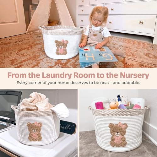 Pink Teddy Bear Storage Basket for Baby Girl Nursery – 15"x11" Cotton Rope Bin with Embroidered Bear Patch – Toy Organizer, Baby Laundry Hamper, Blanket & Diaper Holder – Foldable & Washable - color: Girl Teddy