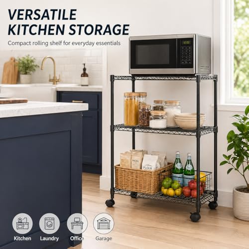 Simple Deluxe 3-Tier Heavy Duty Adjustable Storage Shelf with Wheels, 23.23”W x 13.39”D x 30.31”H, Mobile or Stationary Metal Shelving Unit, Easy Assembly for Kitchen, Pantry, Laundry Room, Black - color: Black, size: 3-Tier, 23.23”W x 13.39”D x 30.31”H