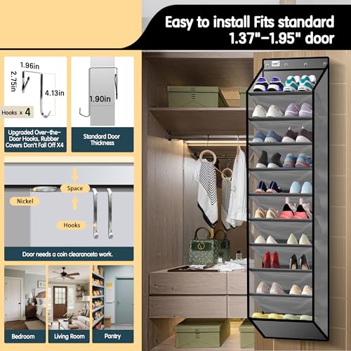 Kotkn 10 Tier Over The Door Organizer - Heavy Duty Hanging Storage Rack with Sturdy Oxford Fabric, Holds 20+ Pairs of Footwear, Boots & Sneakers, Saves 50% Closet Space (Gray) - color: 10-cell Gray