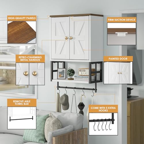 Farmhouse Medicine Cabinet - 3-Tier Wall Mounted Storage Organizer with Adjustable Shelves, Towel Bar, 5 Hooksfor Small Bathroom, Laundry Room, Over Toilet, Living Room, Bedroom (White) - color: White, size: 15.79 inches x 7.87 inches x 24.4 inches