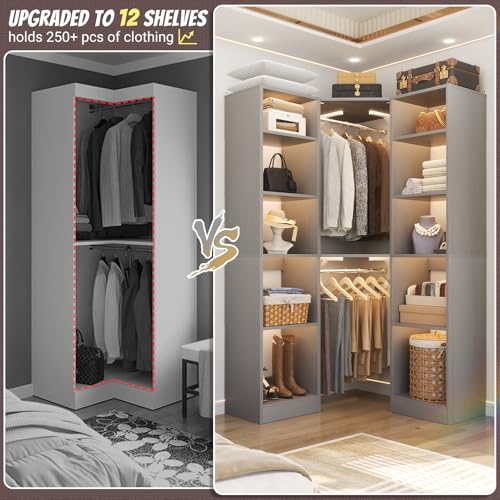 Besiost Corner Closet System with 12 Shelves, 39.2" Corner Closet Organizer System with 2 Hanging Rods, Versatile 6-Tier Walk-in Closets for Corner Space, Grey (39.2" L x 39.2" W x 80" H) - color: Grey, size: 39.2" - Without Lights