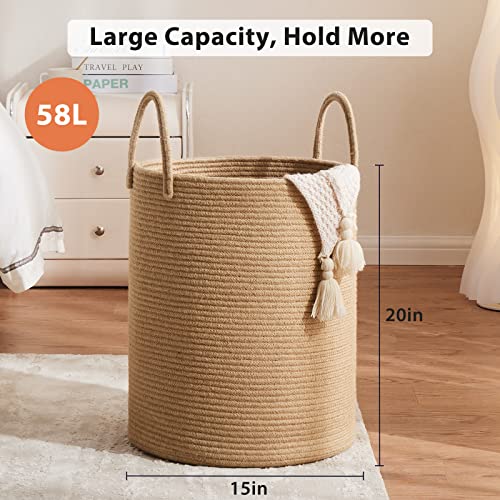 Jute Rope Laundry Hamper Basket, 58L Tall Laundry Basket for Blanket Storage, Large Baby Nursery Hamper for Laundry, Woven Clothes Hamper for Bedroom, Living Room-Jute - color: Brown Jute, size: Tall(58L)