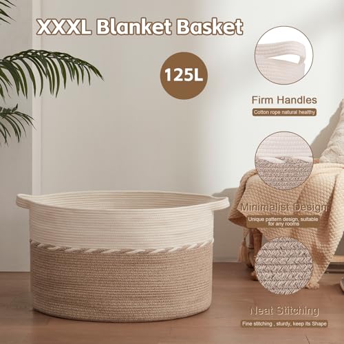 OIAHOMY 87L Extra Large Blanket Basket, 23" x 13", Jumbo Laundry Hamper, Cotton Rope Basket with Handles for Living Room,Baby Toy Storage Bins, Brown - color: Brown, size: 23" x 23" x 13"