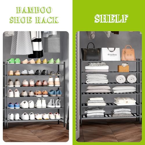 BMOSU 6-Tier Bamboo Extended Shoe Rack Premium Stackable Shoe Shelf Storage Organizer for Hallway Closet Living Room Entryway Organizer (Black Bamboo) - color: Black Bamboo, size: 6-Tier Long（33.3*11*36.6inches）