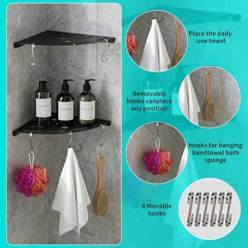 2 Pack Corner Shower Shelves, 304 Stainless Steel Corner Shelf Bathroom with 6 Hooks 40 lbs Heavy Duty, Durable for Inside Shower Brushed Nickel Drilling Installation(Black) - color: Black Thickness 1mm 2pcs