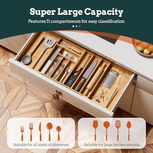Silverware Organizer Large, Magnetic Connected Expandable 11 Slots Silverware Drawer Organizer From 21 to 37.4 Inches, Adjustable Flatware and Cutlery Holder, Bamboo Utensil Tray for Kitchen Natural - color: Natural, size: 11 Slots