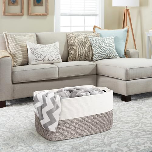 MEGASKET Large Blanket Basket, 22"x17"x12" Rectangle Blanket Storage for Living Room, Decorative Kids Dog Toy Bin Box, Soft Woven Cotton Rope Storage Basket, Big Wicker Throw Pillow Organizer Holder - color: White & Light Brown, size: 22"x17"x12"