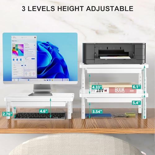 WALI Computer Monitor Stand with Storage, Desk Monitor Riser 3 Height Adjustable, Laptop Riser with Airflow Vents, Desk Organizer for Computer, Laptop, Printer (PTT002-W), 1 Pack, White - color: White, size: with Drawer