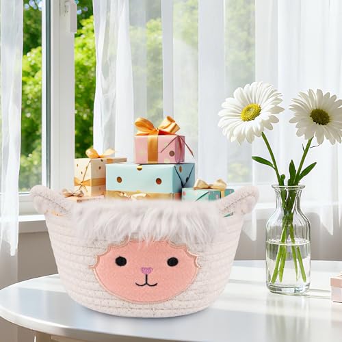 Small Storage Basket for Nursery, Sheep Woven Animal Gift Basket, Round Woven Rope Cotton Storage, Baby Blanket 0rganizer with Ears Handles, Blanket Towel Decor Storage Bins, 8.2"D x 4.7"H IN - color: White Red, size: 9"D × 5 "H