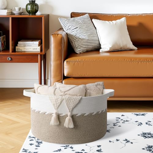 OIAHOMY 90L Blanket Basket for Living Room, Large Basket 23" x 23" x 13" with Handle, Laundry Hamper for Blankets, Pillows, Toy Storage for Kids, Dogs - Light Brown & White - color: Light Brown & White, size: 23" x 23" x 13"