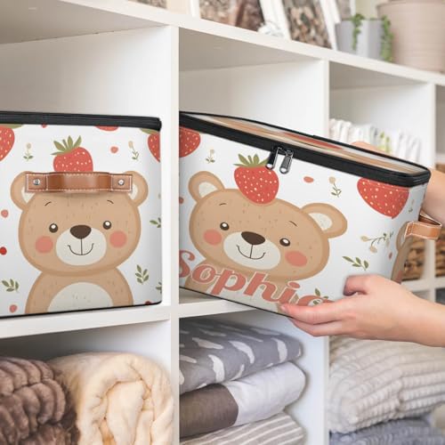 Custom Storage Basket with Name, Personalized Storage Bins with Zipper Lid, Foldable Fabric Storage Box Large capacity with Handle Bear Strawberry - color: Option 15