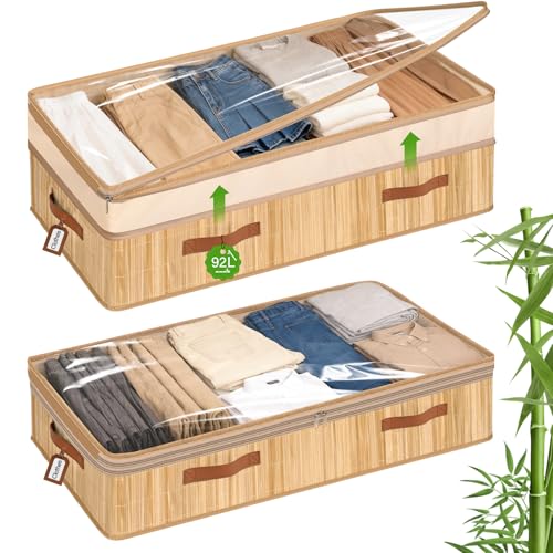 Livole Bamboo Under Bed Storage, 6-10 inches Height Adjustable Underbed Storage Containers, 92L XXXL Large Under Bed Storage Bins with Clear Lid & Label for Clothes, Blankets, Sweater, Shoes, 1 Pack - size: Expandable - 10"H