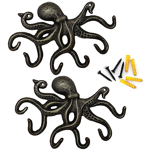 Wall Hooks for Hanging, Iron Octopus Key Holder for Wall, Decorative Hooks 2Pcs - Bronze - color: Bronze 2pack