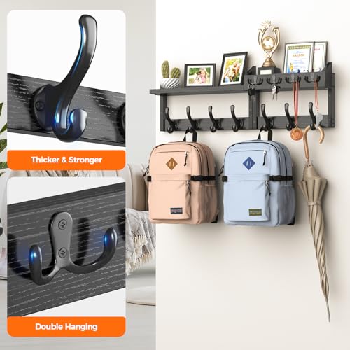 Evermagin 29" Coat Rack Wall Mount with Shelf, 4 in 1 Coat and Key Hanger with 11 Metal Hooks, Entryway Wall Mounted Shelf with Mail Holder for Living Room, Bedroom, Black - color: Black, size: 29 inch