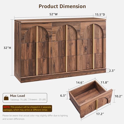 ACCOHOHO Arched Dresser for Bedroom with 9 Drawers, 52" Wide Modern Chest of Drawers with Rounded Edge & Metal Handles, Wood Storage Closet Dressers TV Stand for Living Room, Hallway, Brown - color: Brown, size: 15.6"D x 52"W x 32"H (9 Drawers)