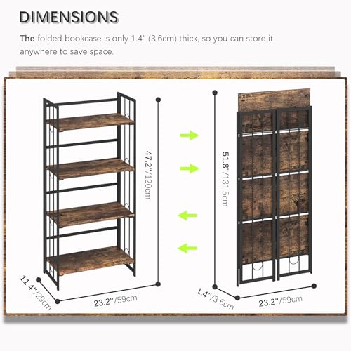 4NM No Assembly 4 Tiers Folding Bookshelf, 47.2" H Foldable Storage Shelves Vintage Bookcase Standing Racks Study Organizer Home Office - Rustic Brown Black - color: Rustic Brown Black, size: 4-Tier