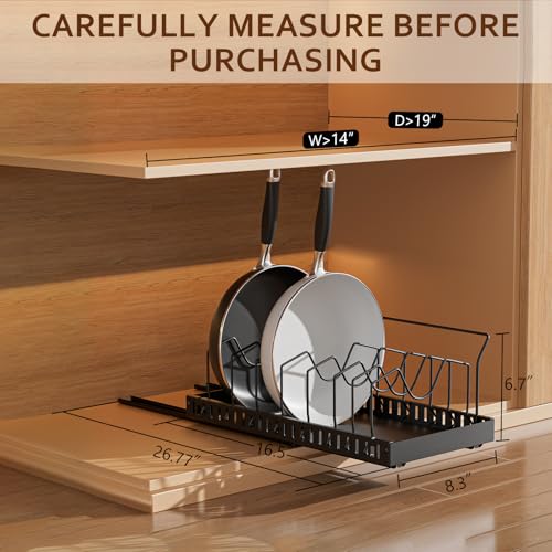 Pots and Pans Organizer Under Cabinet, Pull-out Pots and Pans Organizer, Under Cabinet Pot Lid Holder, Sliding type Pots and Pans Storage with 8 Adjustable Dividers & Handle Bracket - Black - color: Black, size: 8 Dividers-1 Pack